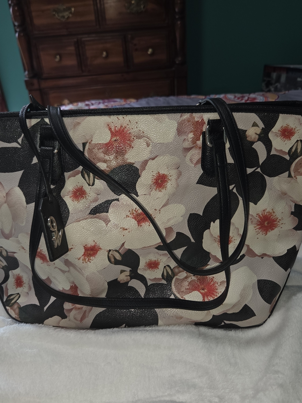 Nine West Floral Shoulder Tote in Cream, Black and Pink